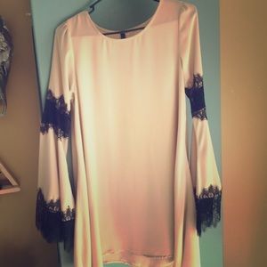 Nude Slip dress with lace embroidered sleeves!